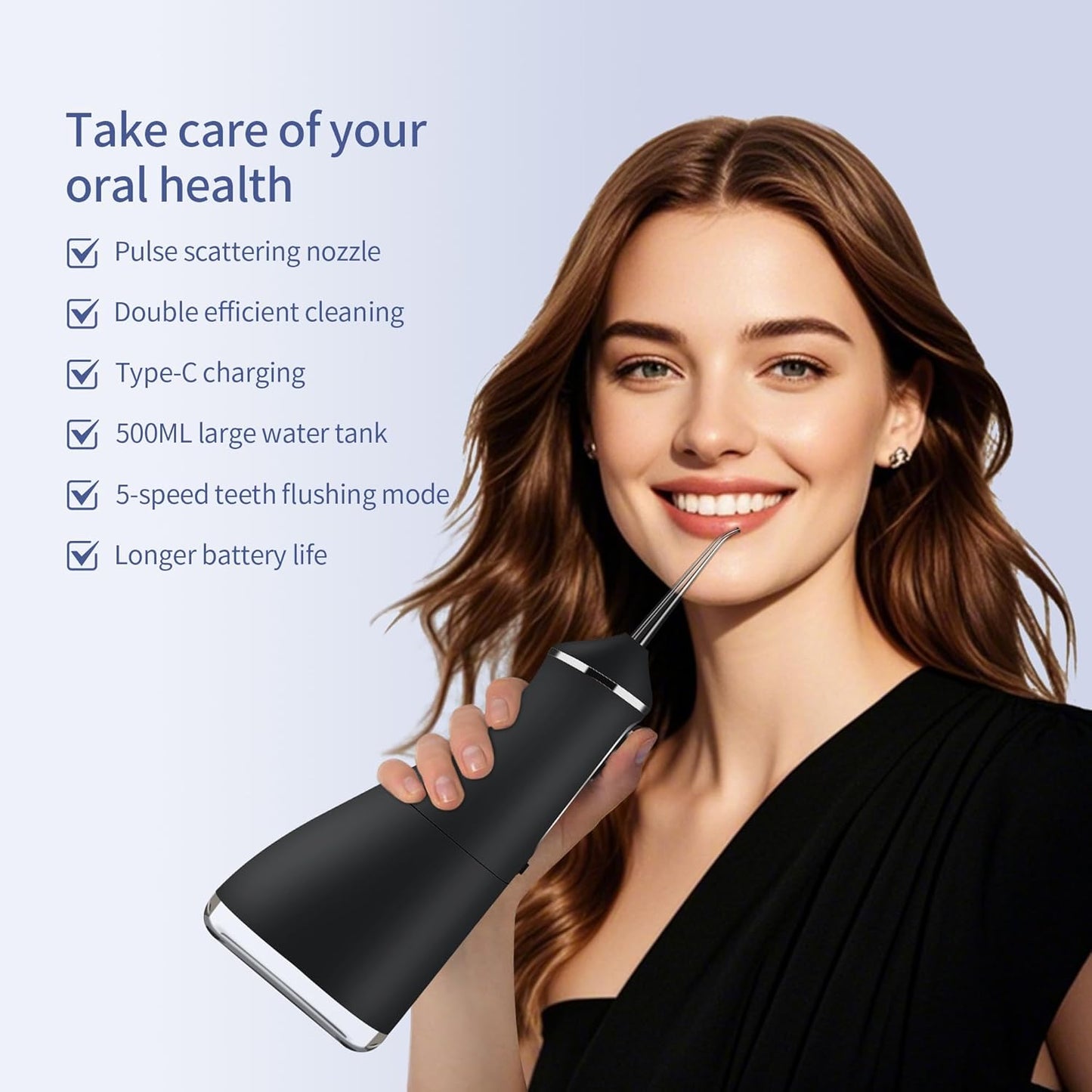 Water Dental Flosser Cordless,  Portable Oral Irrigator for Teeth, 5 Modes and 4 Jet Tips, IPX7 Waterproof, Rechargeable for 30-Days Use, Home, Travel, Braces, 500ML Capacity(Dark Black)