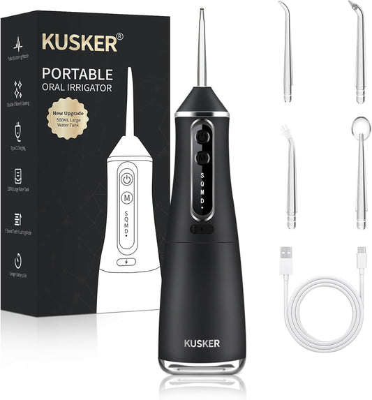 Water Dental Flosser Cordless,  Portable Oral Irrigator for Teeth, 5 Modes and 4 Jet Tips, IPX7 Waterproof, Rechargeable for 30-Days Use, Home, Travel, Braces, 500ML Capacity(Dark Black)