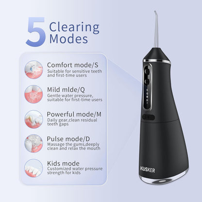 Water Dental Flosser Cordless,  Portable Oral Irrigator for Teeth, 5 Modes and 4 Jet Tips, IPX7 Waterproof, Rechargeable for 30-Days Use, Home, Travel, Braces, 500ML Capacity(Dark Black)