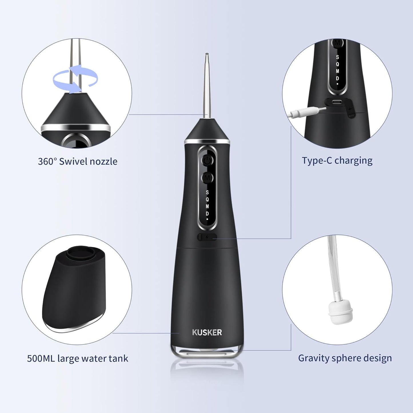 Water Dental Flosser Cordless,  Portable Oral Irrigator for Teeth, 5 Modes and 4 Jet Tips, IPX7 Waterproof, Rechargeable for 30-Days Use, Home, Travel, Braces, 500ML Capacity(Dark Black)