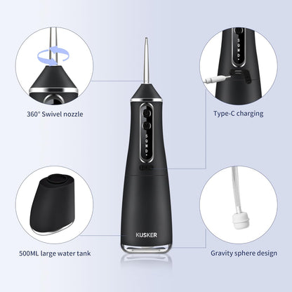 Water Dental Flosser Cordless,  Portable Oral Irrigator for Teeth, 5 Modes and 4 Jet Tips, IPX7 Waterproof, Rechargeable for 30-Days Use, Home, Travel, Braces, 500ML Capacity(Dark Black)
