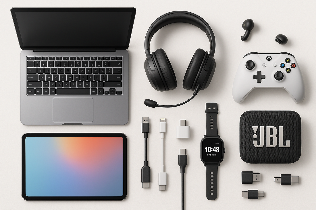 laptop,headset, earpiece,gamepad, smart watch, tab, laptop and phone charger,, jbl speakers
